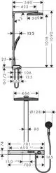 Hansgrohe Duschsystem mit Regenbrause, Handbrause und Thermostat. Abmessungen und detaillierte Montageanleitung sind im technischen Diagramm dargestellt.